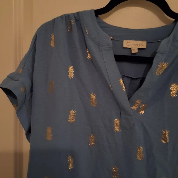 Chenault Blue Blouse with Gold Pineapple Print - Picture 3 of 6